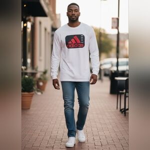 Adidas Men's White and Red Long Sleeve Tee